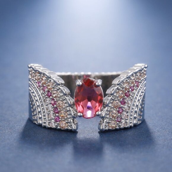 💞 Ethnic Oval Red Ruby Zircon Wings Vintage Silver Ring for Women, PD596 - Picture 2 of 6